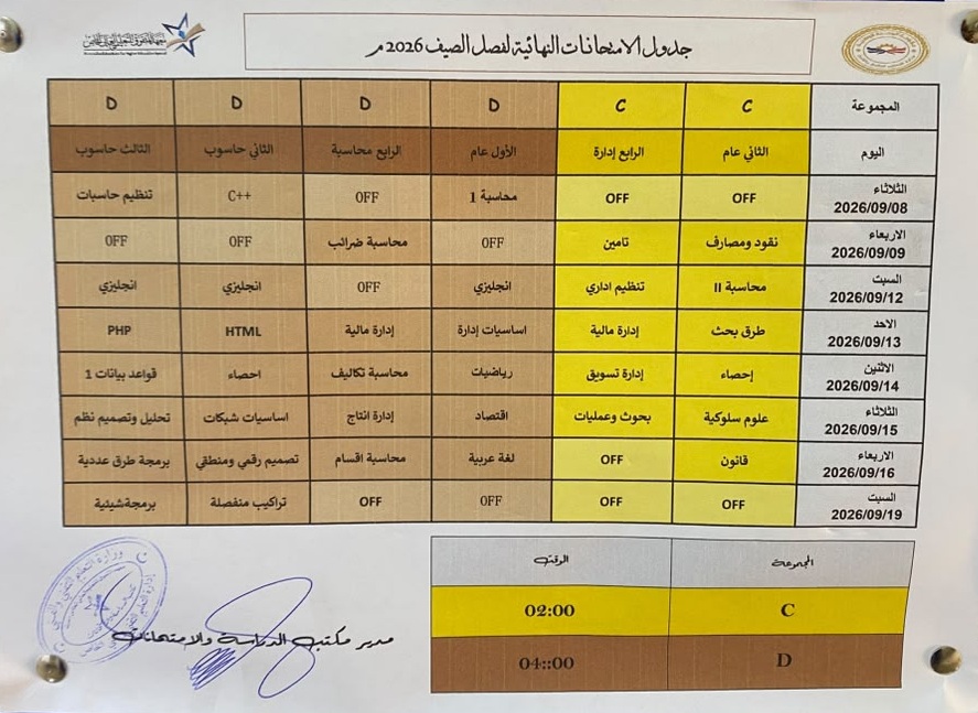 جدول الامتحانات النهائية لفصل الصيف 2026 م مجموعة C/D